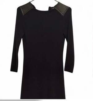 Tory Burch Black Ribbed Knit Long Sleeve Dress with Leather Shoulder Patches